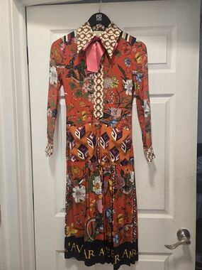 Gucci Coral Floral Long Sleeve Midi Dress with Pink Bow Tie